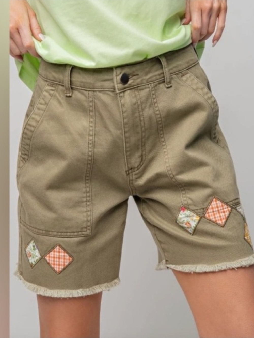 Easel Olive Green Patchwork Denim Shorts